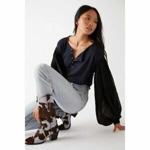 Free People Navy Mixed Media Light Magic Henley Balloon Sleeve Top